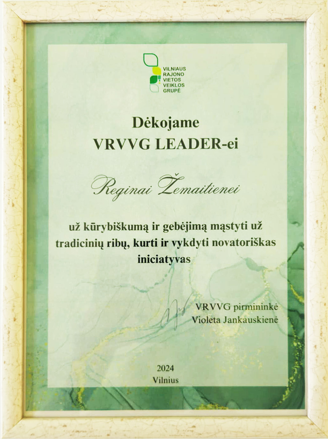 VRVVG LEADER padėka Reginai Žemaitienei, 2024