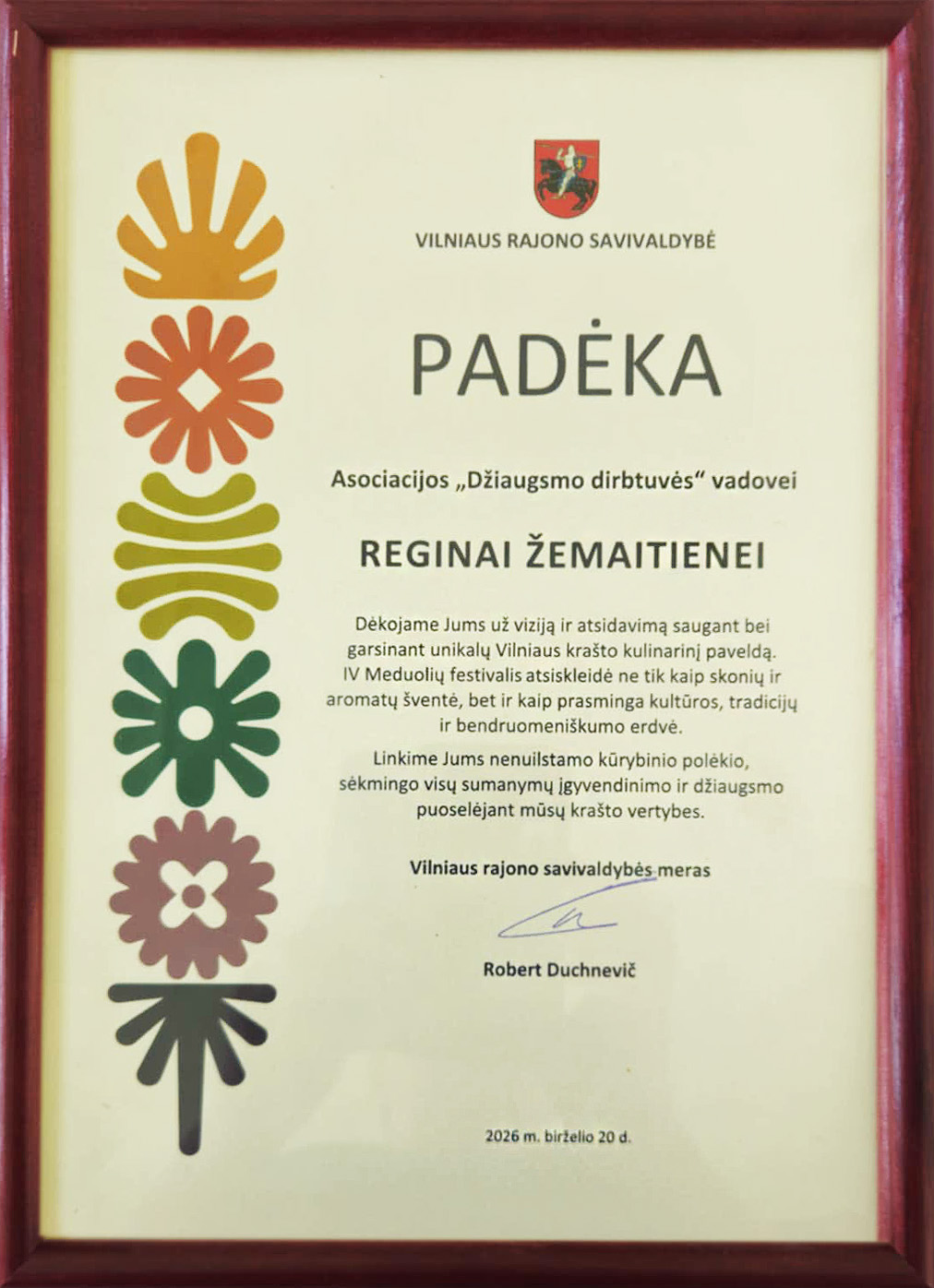 Vilniaus rajono savivaldybės padėka Reginai Žemaitienei, 2026-06-20
