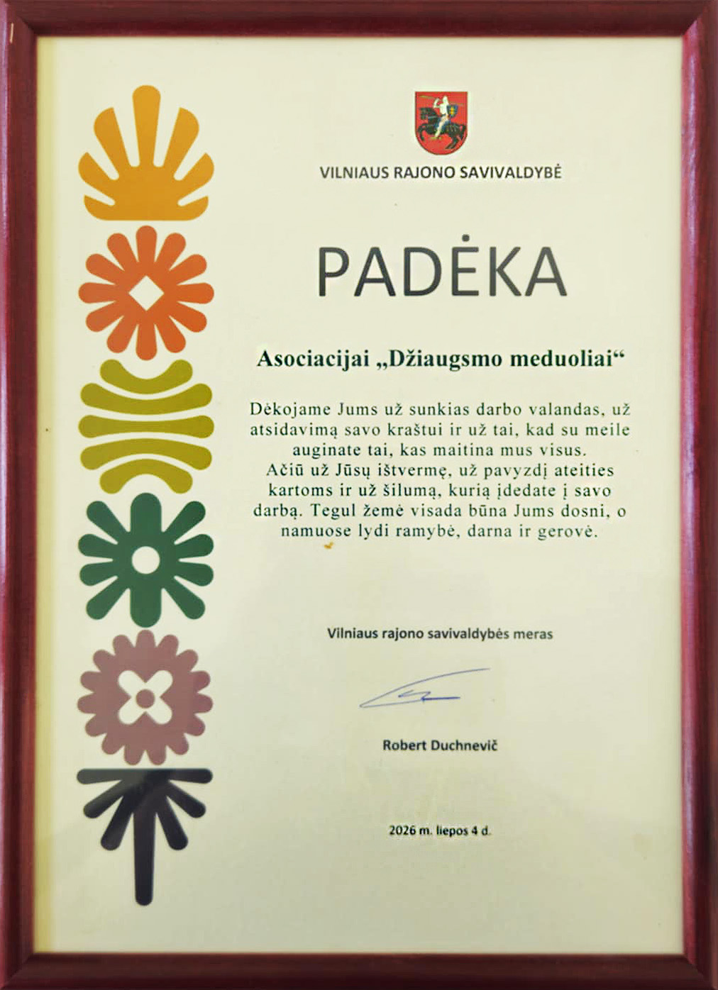 Vilniaus rajono savivaldybės padėka Asociacijai „Džiaugsmo meduoliai